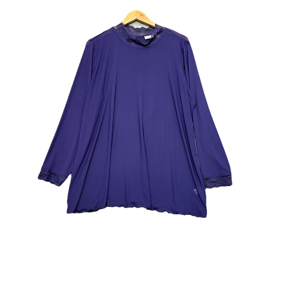 LOGO Layers Lori Goldstein Tunic Top Navy Mesh Sheer Lace Trim Minimal Sz 2X